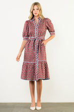 Load image into Gallery viewer, Brown mini ikat print dress with contrasting trim