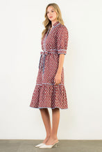 Load image into Gallery viewer, Brown mini ikat print dress with contrasting trim