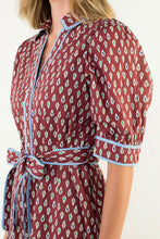 Load image into Gallery viewer, Brown mini ikat print dress with contrasting trim