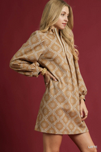 Load image into Gallery viewer, Geometric Print Long Sleeve Mini Dress in Latte