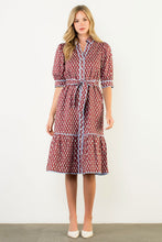 Load image into Gallery viewer, Brown mini ikat print dress with contrasting trim