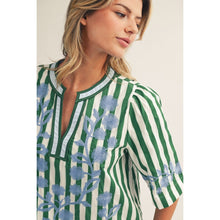 Load image into Gallery viewer, The Greta- green striped shift dress with Floral embroidery
