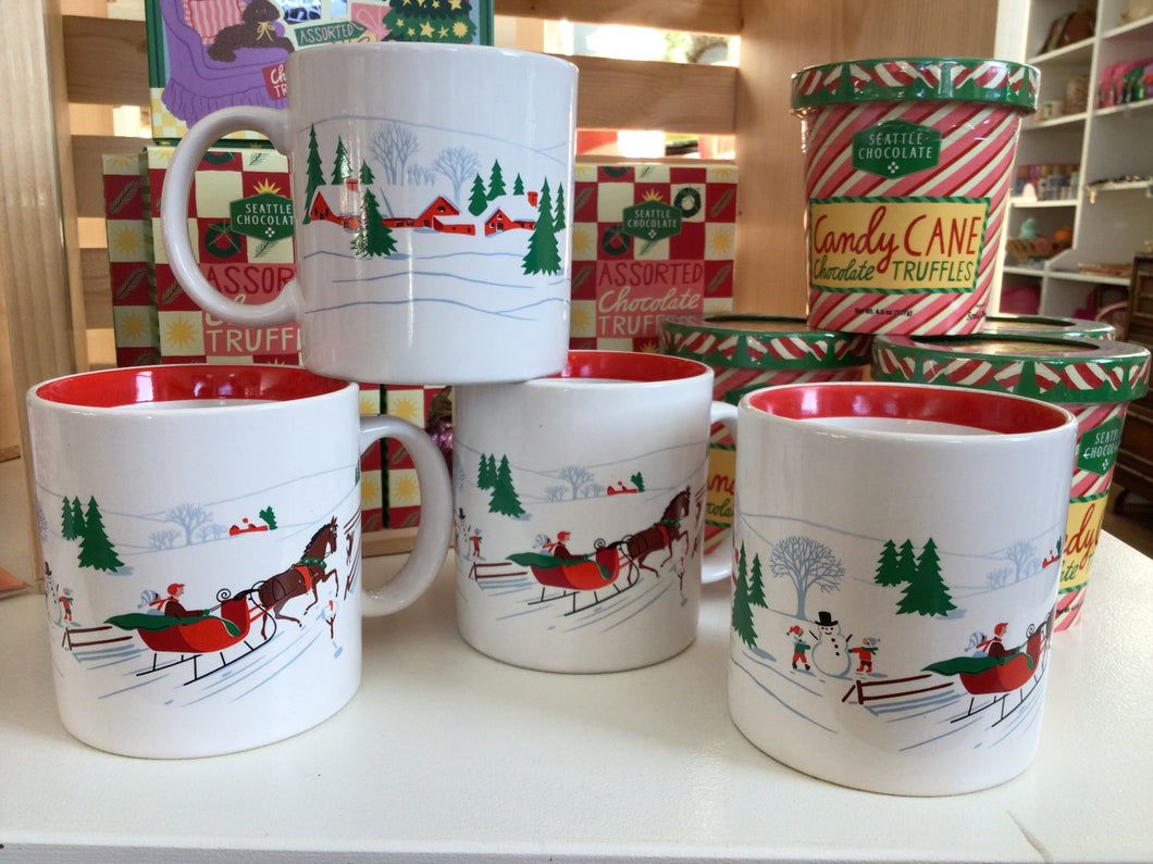Vintage set of 4 Himark Saltera Sleigh Ride Christmas Landscape Coffee Cups Mugs Japan