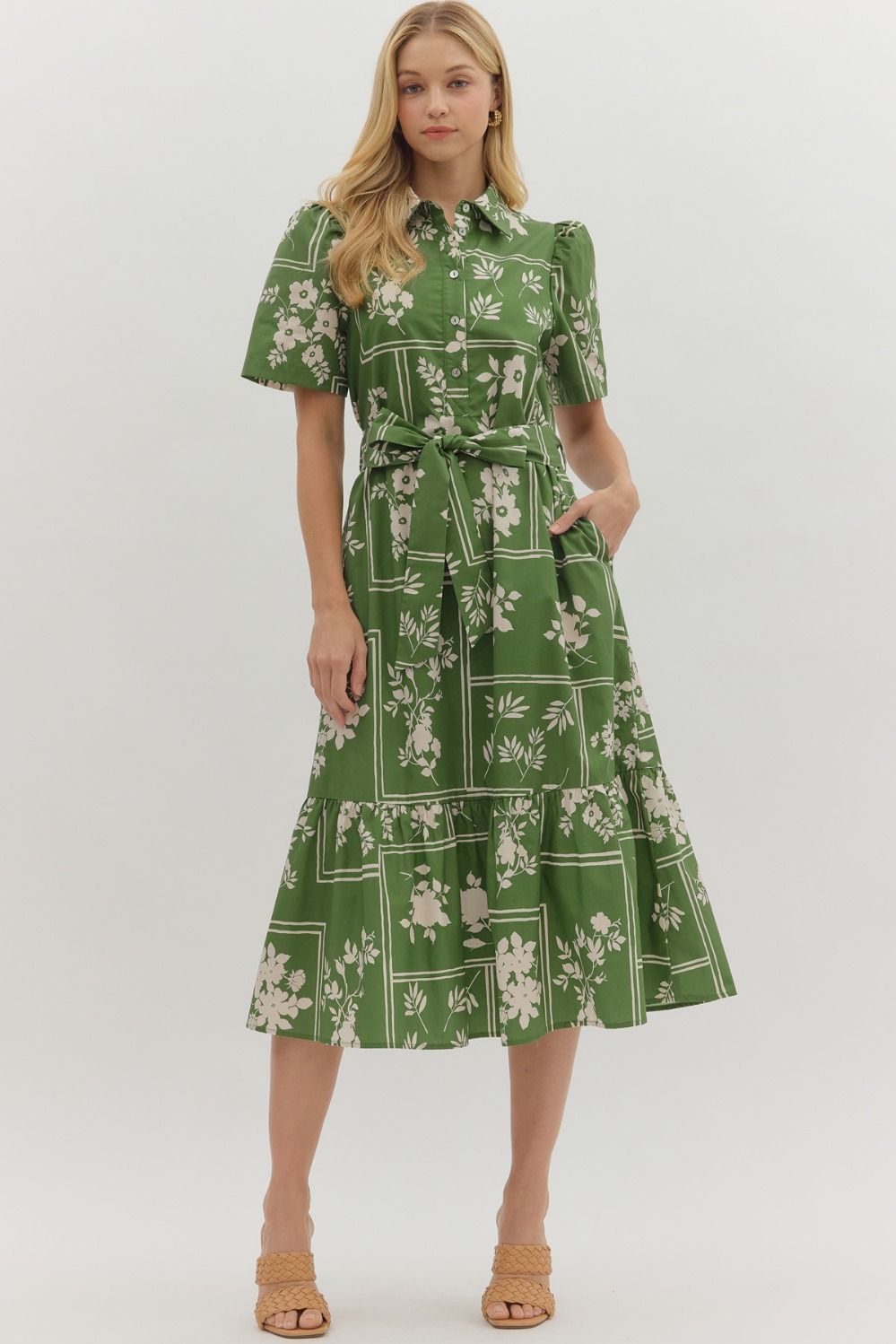 Green Botanical Print Midi Dress