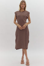 Load image into Gallery viewer, Brown cap sleeve striped dress
