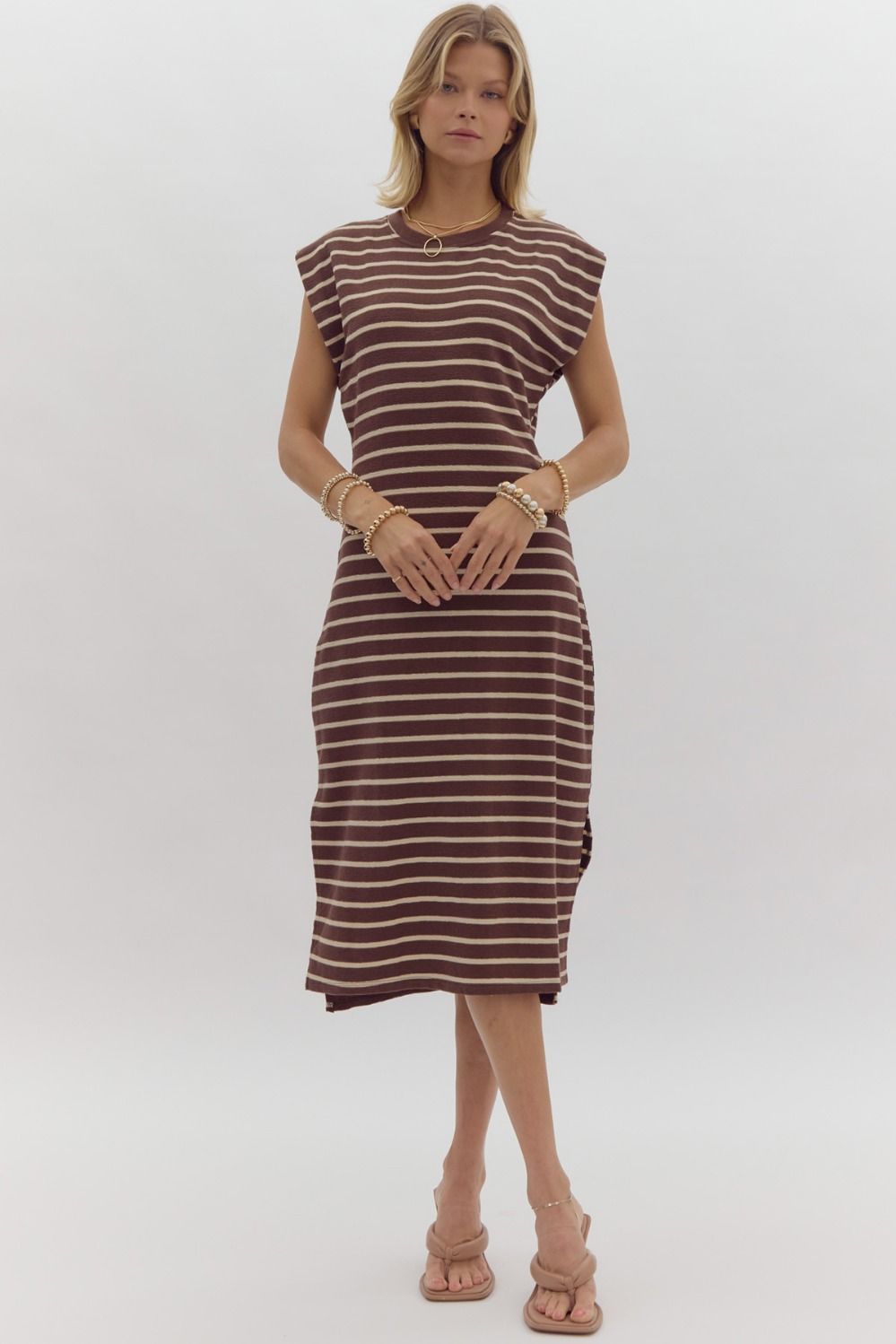 Brown cap sleeve striped dress