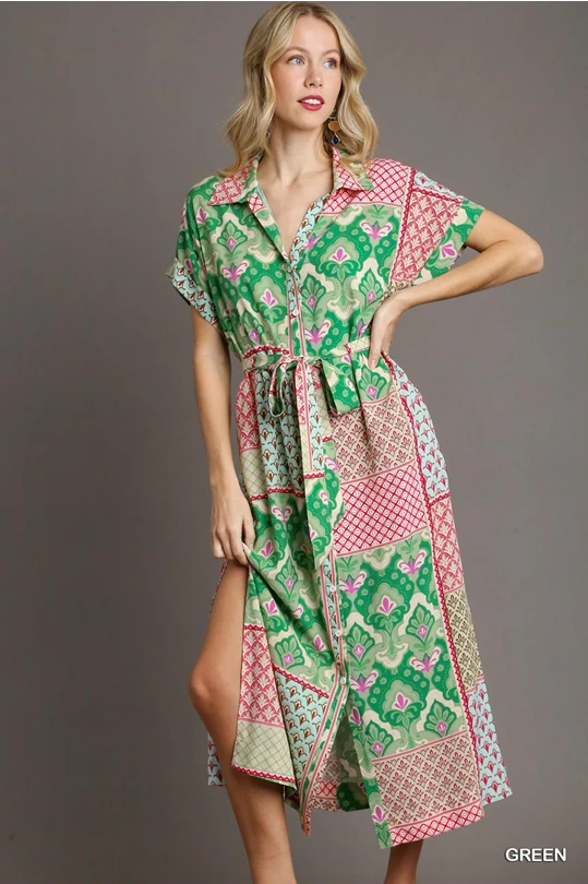 Mixed print maxi dress- green or pink