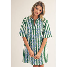 Load image into Gallery viewer, The Greta- green striped shift dress with Floral embroidery
