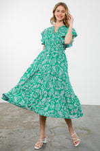 Load image into Gallery viewer, Flutter sleeve midi dress in green with pink floral details
