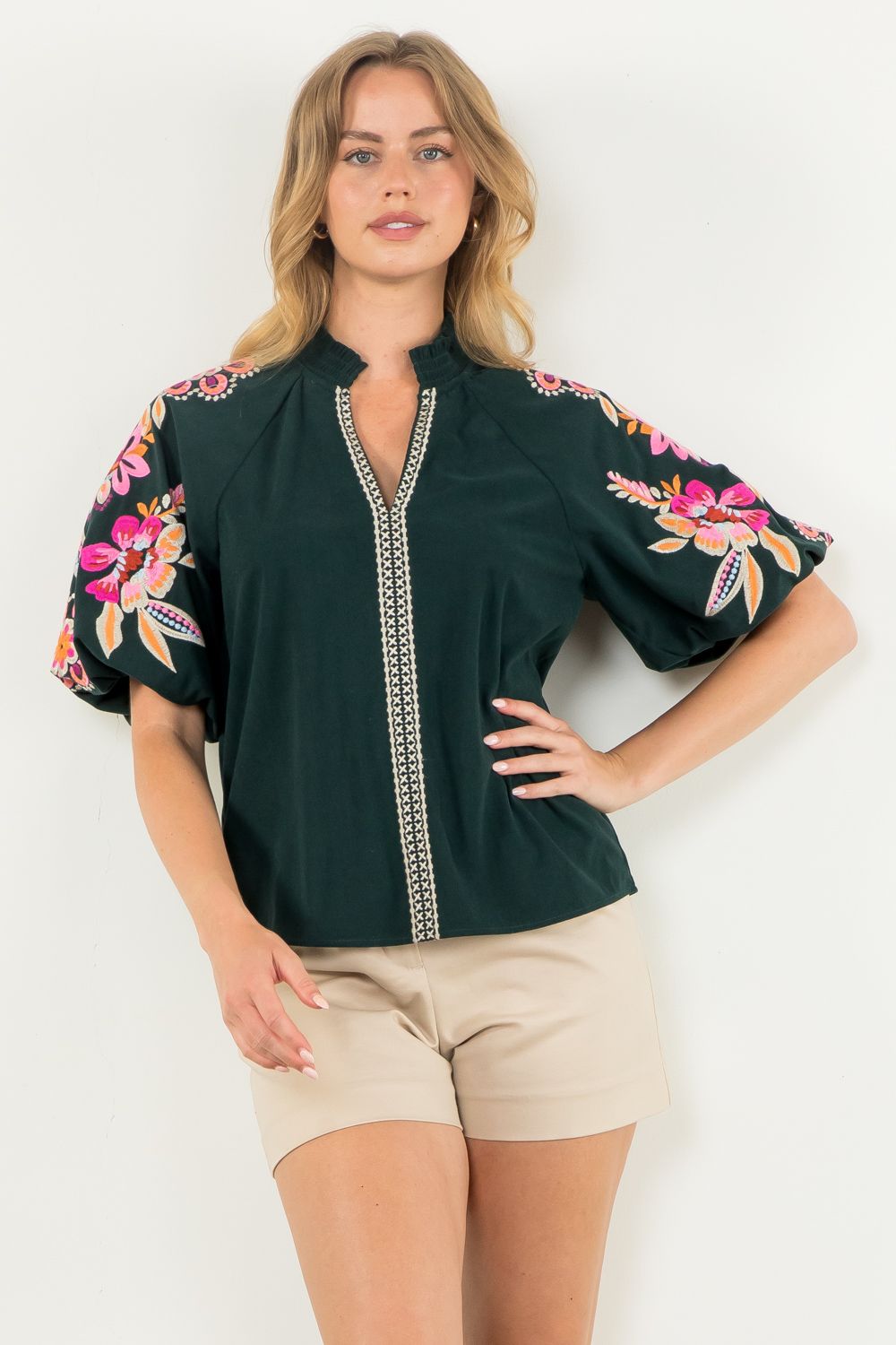 Green corduroy embroidered sleeve top