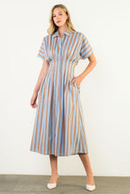 Load image into Gallery viewer, Blue &amp; Tan Striped Midi Dress
