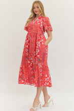 Load image into Gallery viewer, The Lauren- Tomato Red Floral Print Midi Dress Entro
