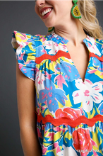 Load image into Gallery viewer, Blue floral dress with ric rac trim
