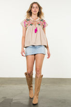 Load image into Gallery viewer, Cream corduroy embroidered top with tassle tie
