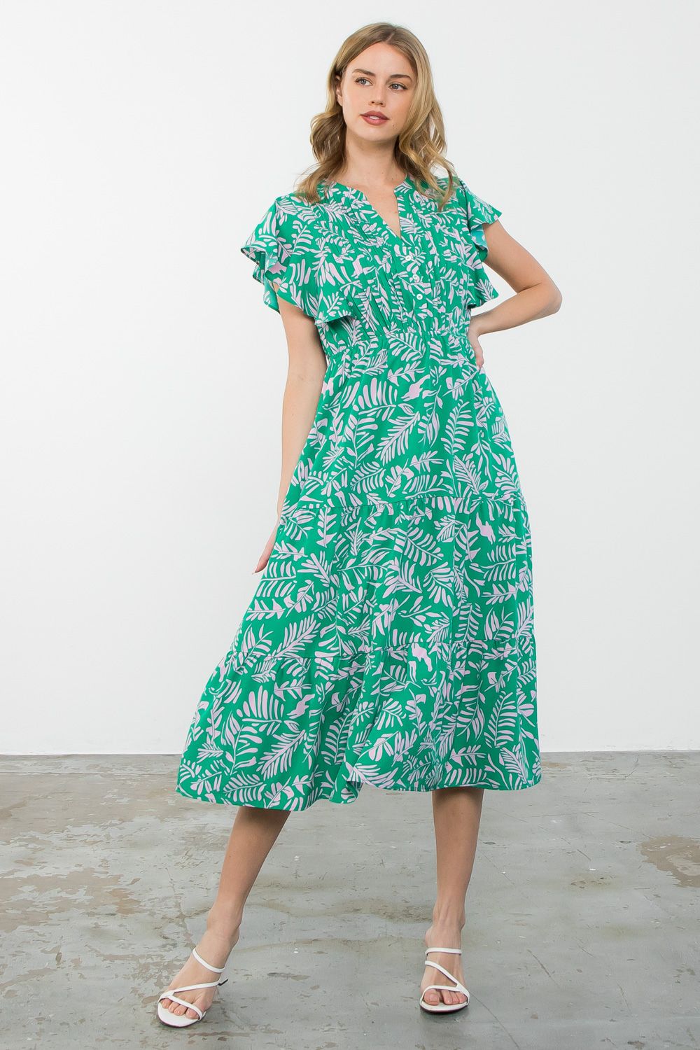 Flutter sleeve midi dress in green with pink floral details