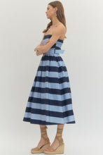 Load image into Gallery viewer, The Stella- Blue/Navy Striped Strapless Dress Entro
