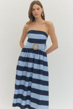 Load image into Gallery viewer, The Stella- Blue/Navy Striped Strapless Dress Entro
