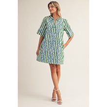 Load image into Gallery viewer, The Greta- green striped shift dress with Floral embroidery
