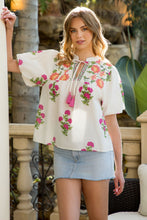 Load image into Gallery viewer, Puff sleeve floral tassel tie top
