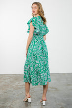 Load image into Gallery viewer, Flutter sleeve midi dress in green with pink floral details
