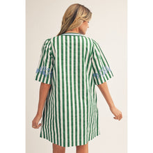 Load image into Gallery viewer, The Greta- green striped shift dress with Floral embroidery
