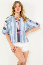 Load image into Gallery viewer, Striped embroidered puff sleeve top
