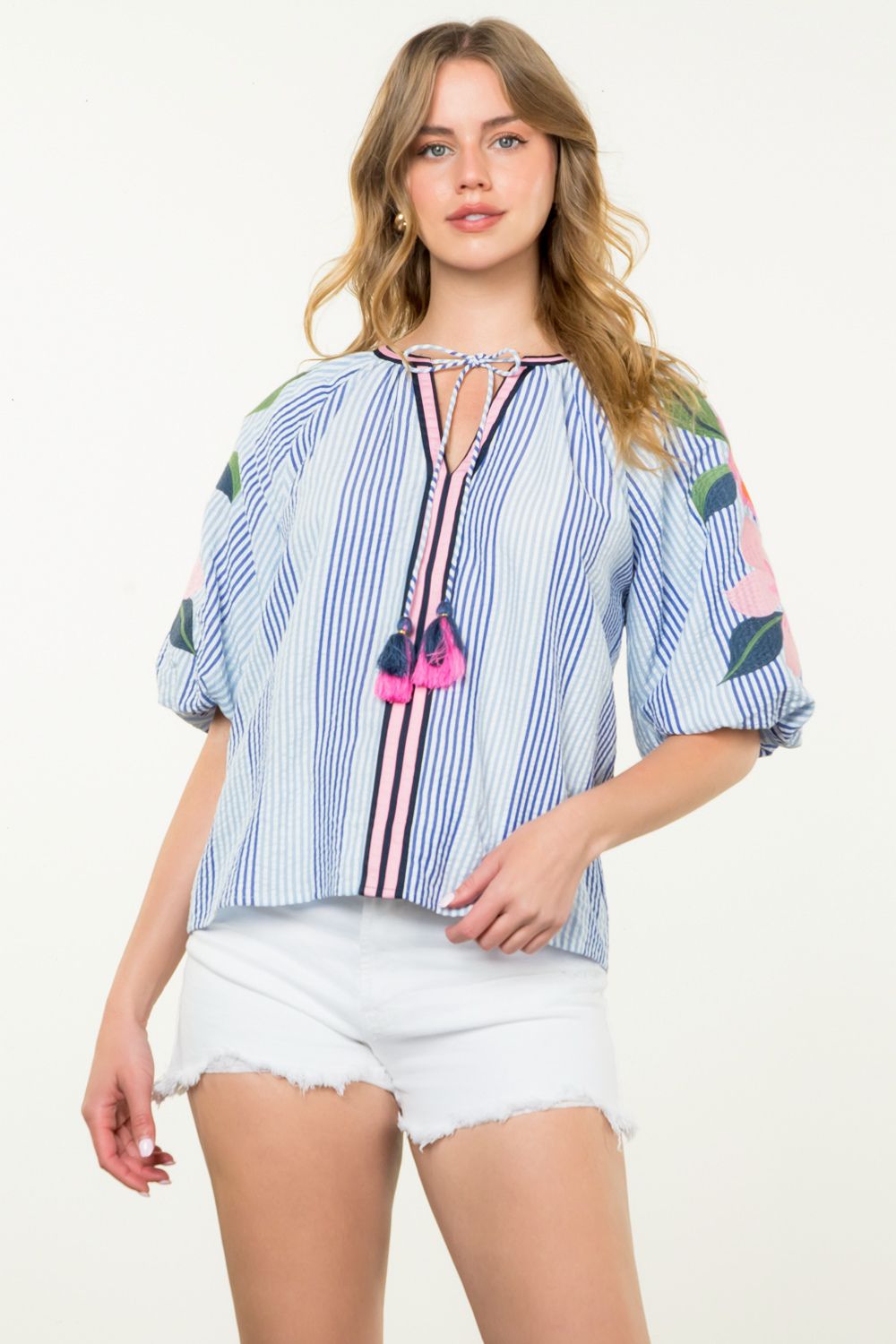 Striped embroidered puff sleeve top