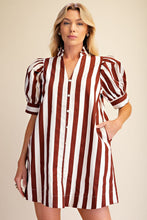 Load image into Gallery viewer, Ruffle Neck Puff Sleeve Stripe Mini Dress
