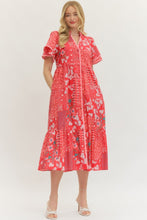 Load image into Gallery viewer, The Lauren- Tomato Red Floral Print Midi Dress Entro
