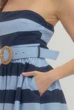 Load image into Gallery viewer, The Stella- Blue/Navy Striped Strapless Dress Entro
