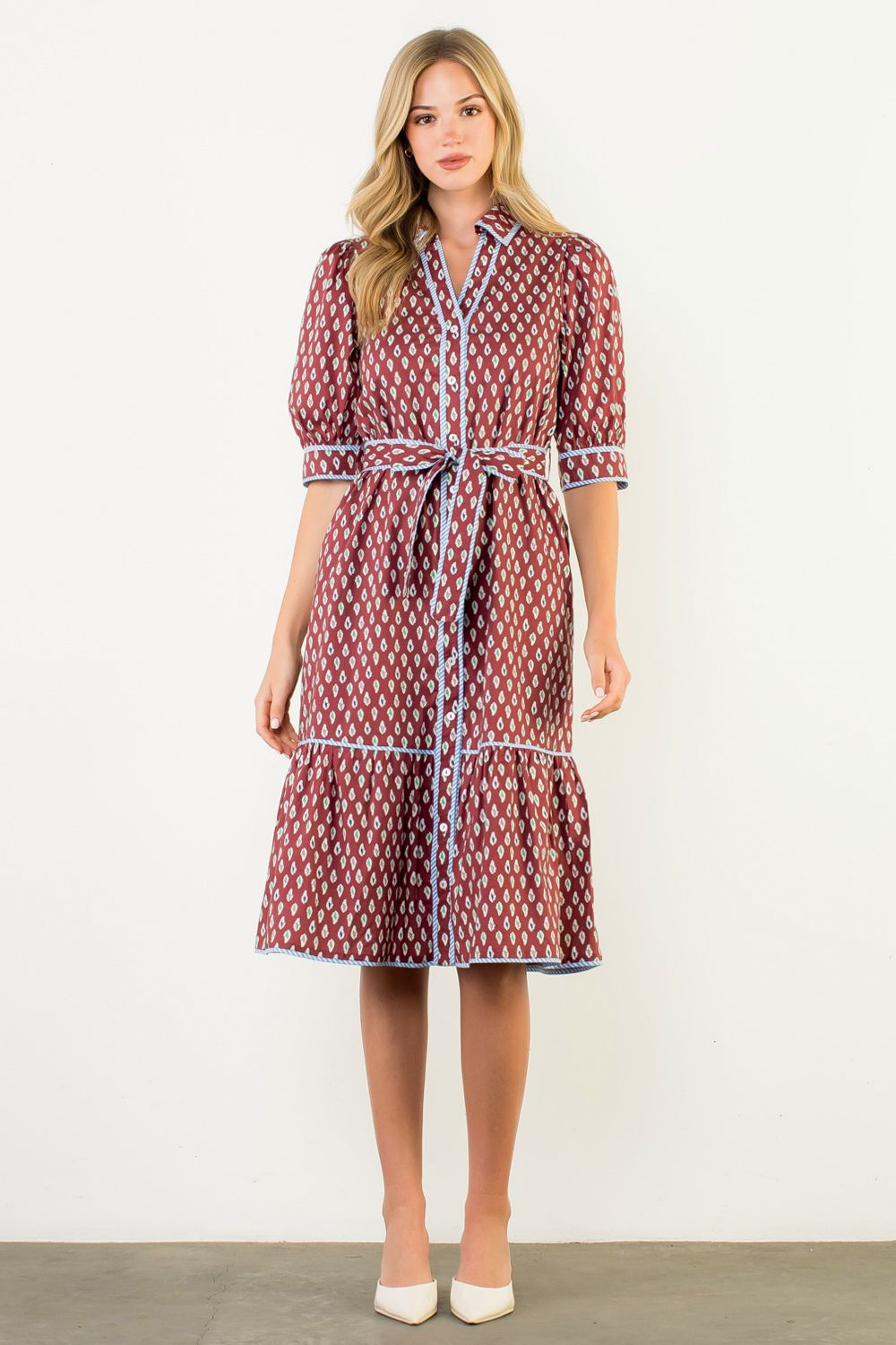 Brown mini ikat print dress with contrasting trim