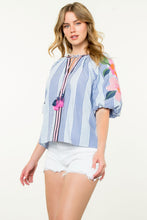 Load image into Gallery viewer, Striped embroidered puff sleeve top
