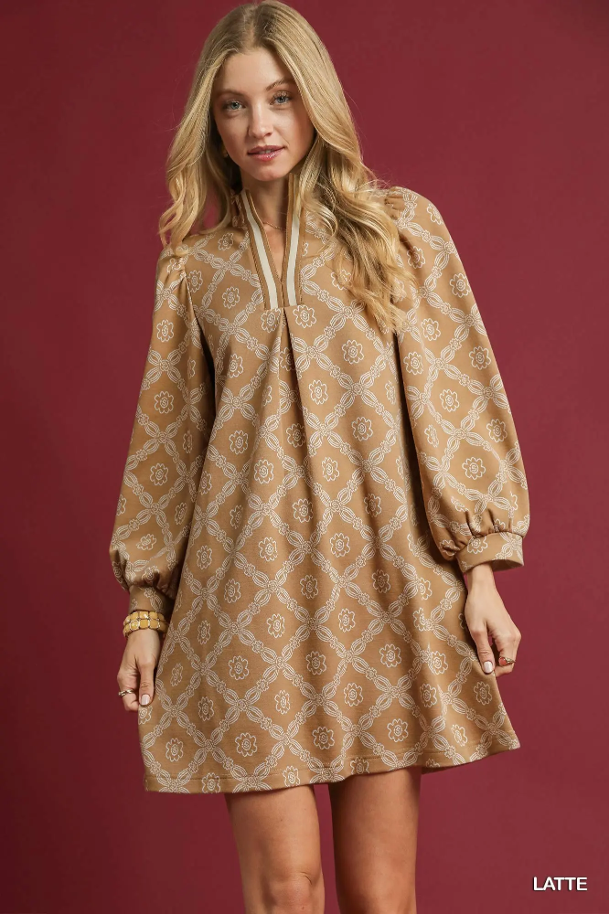Geometric Print Long Sleeve Mini Dress in Latte