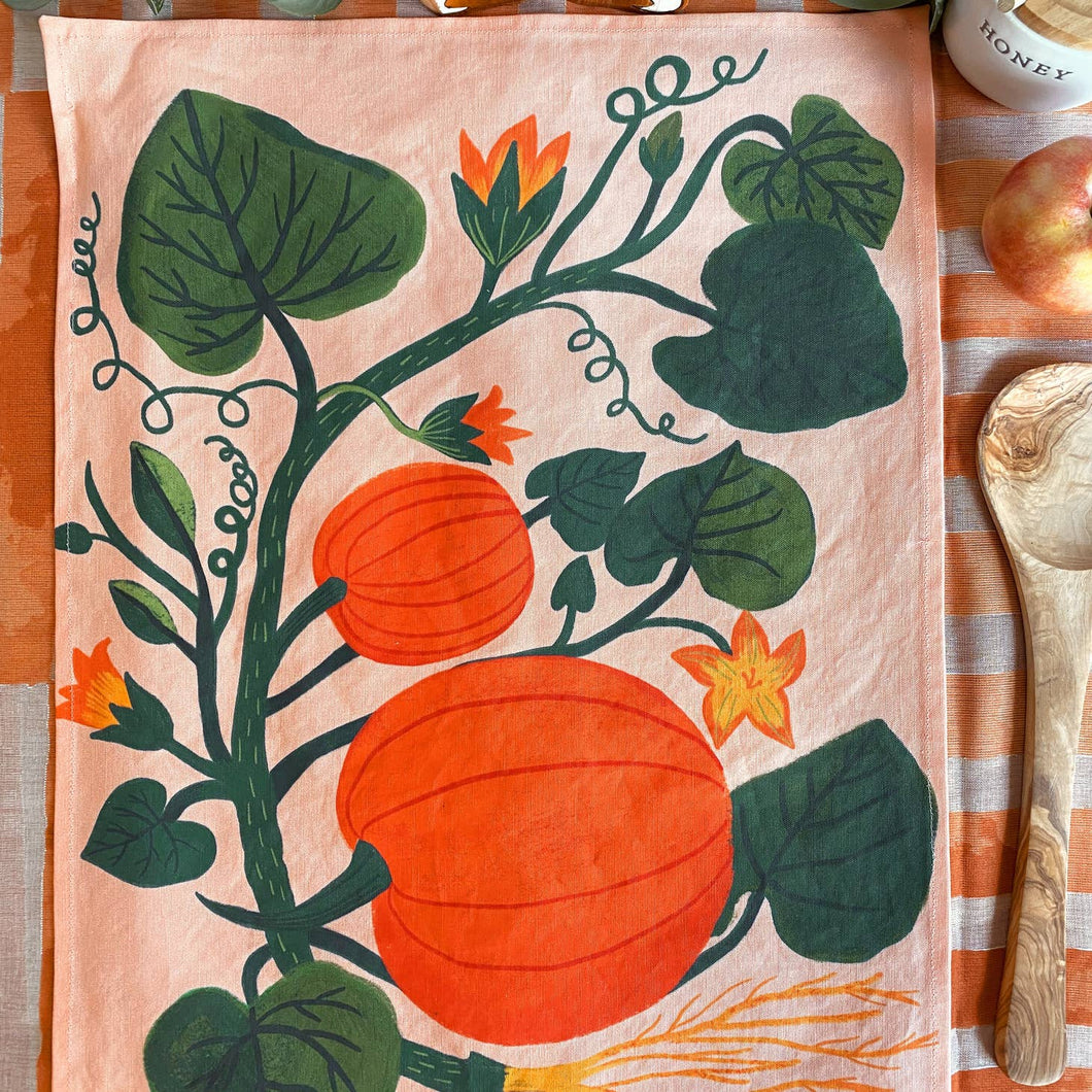 Pumpkin garden tea towel- pink or cream