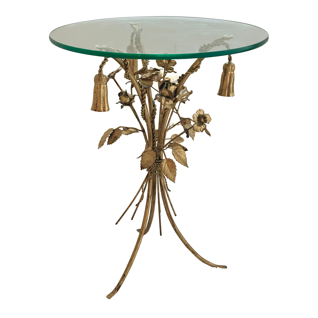 Vintage Italian Gilt Metal Flower & Tassel Side Table