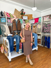 Load image into Gallery viewer, Brown cap sleeve striped dress
