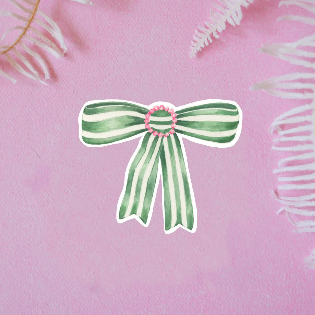 Green and White Striped Bow Sticker