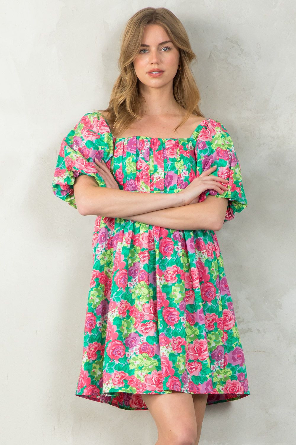 THML Rose Print Puff Sleeve Dress