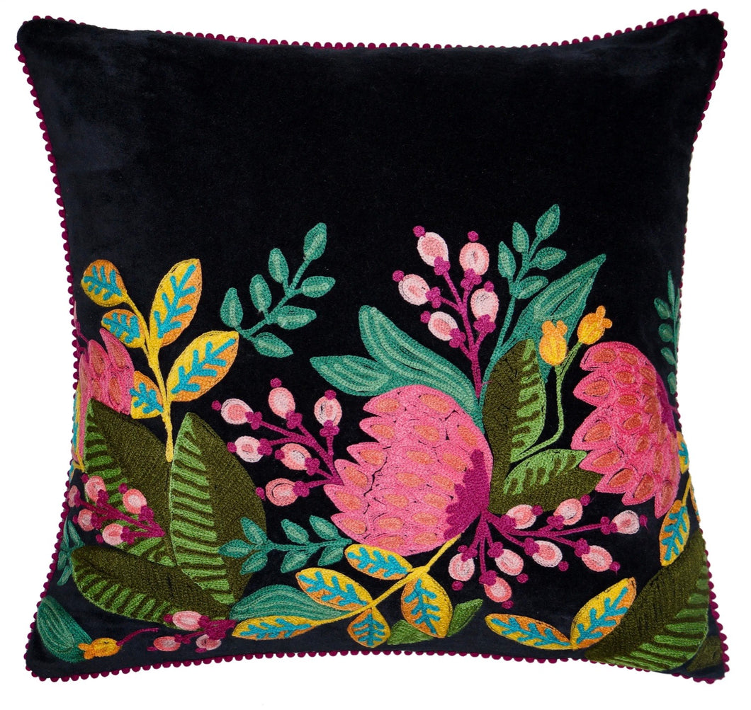 Black velvet floral embroidered pillow